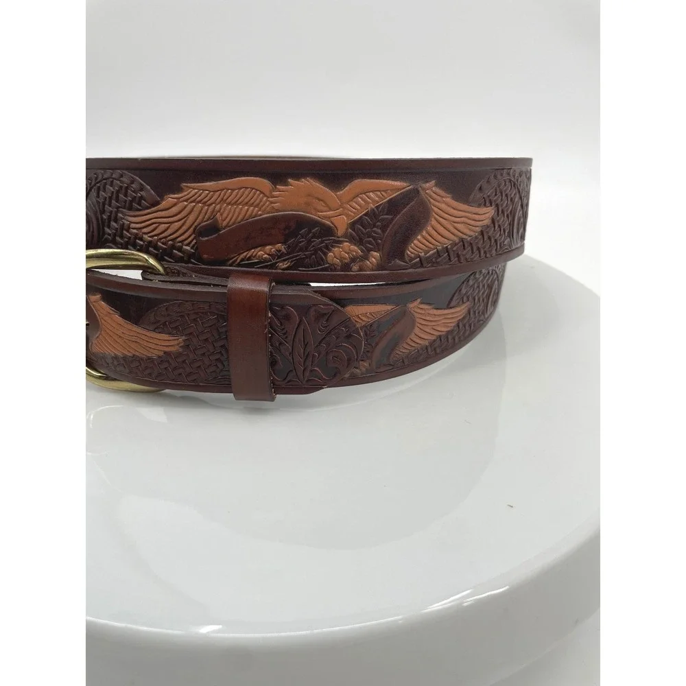 Vintage Western Belt Mens 50 Brown‎ Top Grain Leather Tooled Eagle Brass Buckle